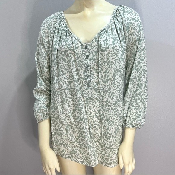 Carole Little linen blend sage green and white print top size small - Picture 1 of 5